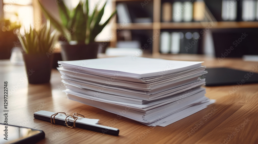 Naklejka premium A stack of business reports and documents on a wooden office desk 