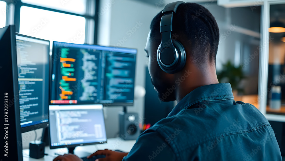 a person coding on multiple computer monitors while wearing headphones a person coding on multiple computer monitors while wearing headphones