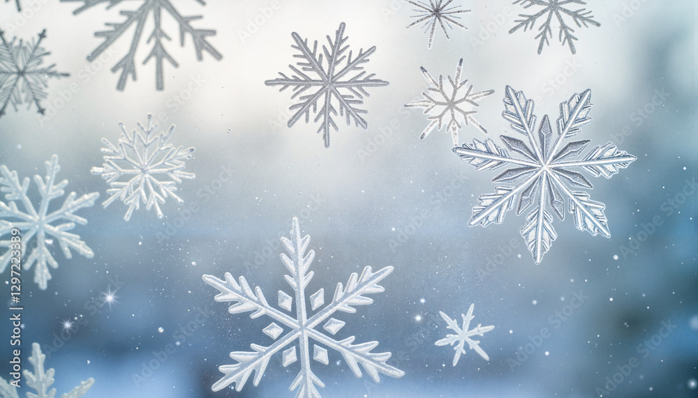 Frosty snowflakes adorned on glass in a foggy winter setting, beauty Frosty snowflakes adorned on glass in a foggy winter setting, beauty