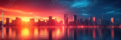 Vibrant sunset skyline reflecting on calm waters in an urban environment