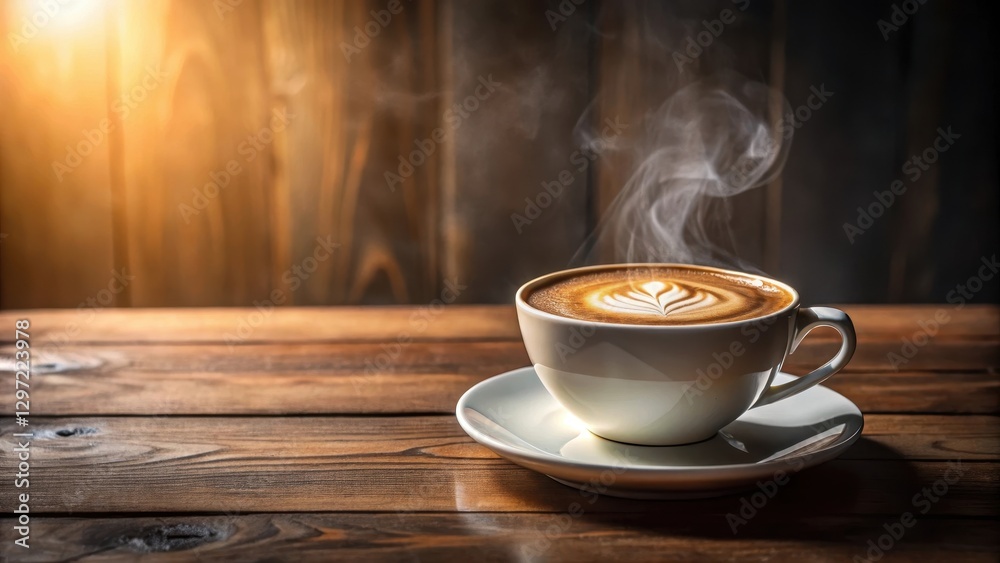 Obraz premium A steaming cup of coffee with a foam design and condensation on the glass, placed on a minimalist wooden table, illuminated by natural light, natural light, table