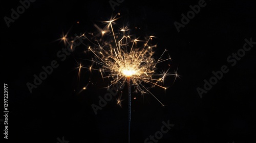Single Golden Sparkler Burning Brightly Against Black Background