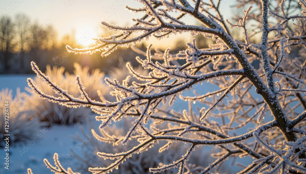 Obraz premium Intricately frosted branches illuminated by golden hour light, winter beauty