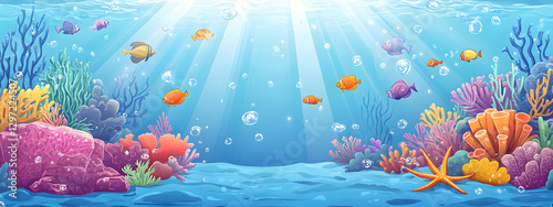 A vibrant and colorful cartoon seafloor with coral reefs, marine life
