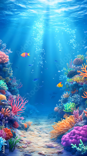 A vibrant and colorful cartoon seafloor with coral reefs, marine life
