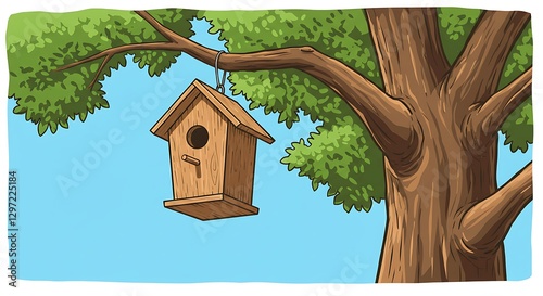 Wooden Birdhouse Hanging From Tree Branch with Blue Sky Background