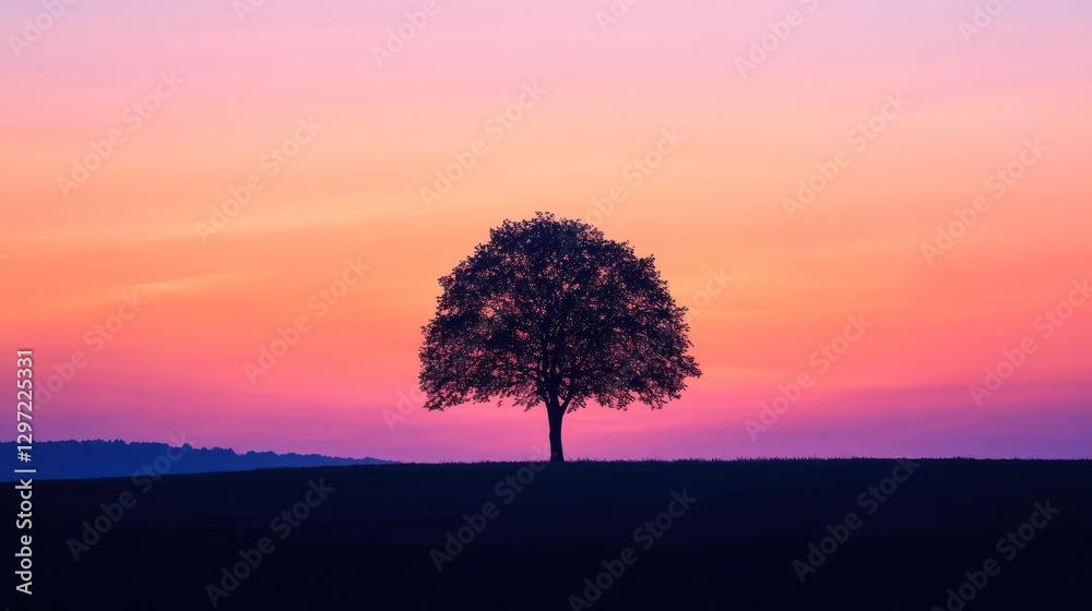 Obraz premium A single tree stands alone during a vibrant colorful sunset