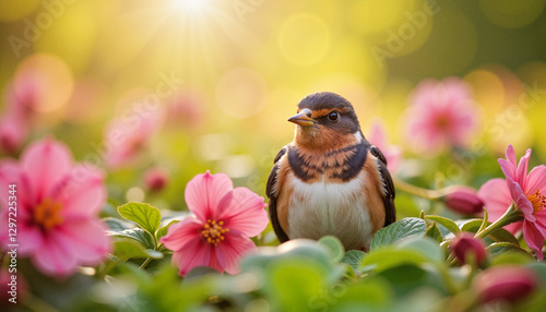 Wallpaper Mural Bird sitting among pink flowers in a sunny garden Torontodigital.ca