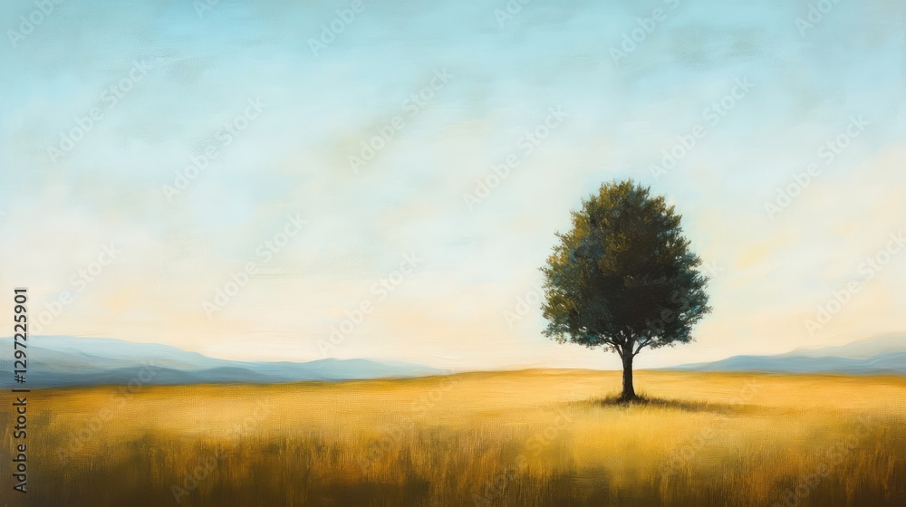 Fototapeta premium A solitary tree stands alone in an open grass field