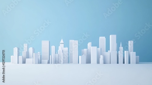 Simple white city skyline, minimalist, 3D model, background, presentation
