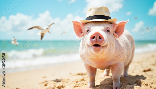 Wallpaper Mural Smiling pig wearing a hat on sandy beach with ocean backdrop Torontodigital.ca