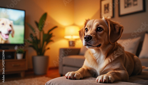 Wallpaper Mural Dog looking at TV in cozy living room Torontodigital.ca