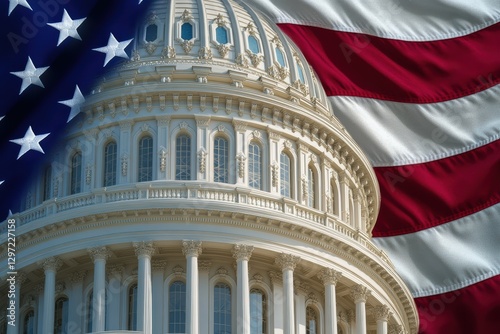 U S Capitol with vibrant American flag background during daylight