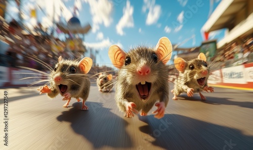 Excited mice racing towards the finish line at a summer festival event in a lively outdoor setting photo