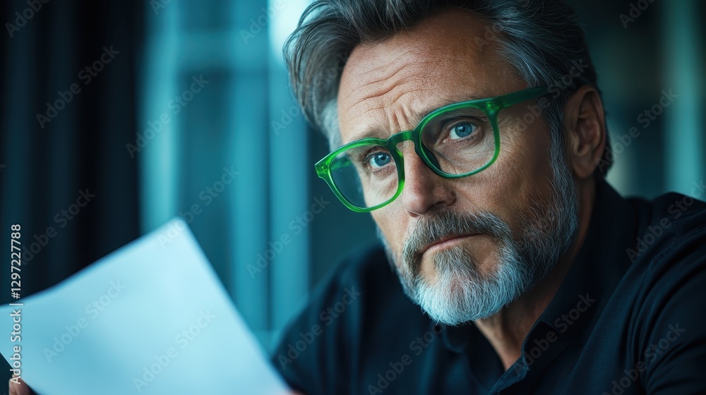 A serious man scrutinizing a paper document in an office environment, emphasizing the theme of professionalism and the weight of responsibilities in the corporate world.