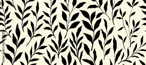Leaves branch and Hand Drawn doodle Scribble floral plants banner, seamless pattern. Creative minimalist Abstract art background. Design wall decoration, postcard, poster and brochure