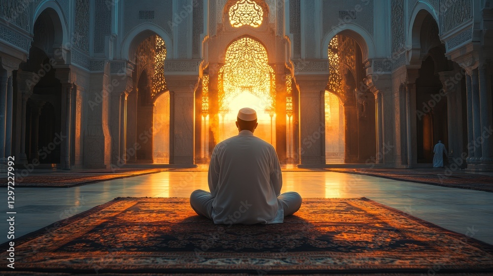 Reflection during sunset in a mosque with intricate architecture and a serene atmosphere Reflection during sunset in a mosque with intricate architecture and a serene atmosphere
