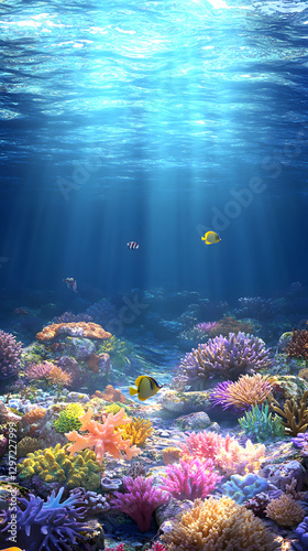 A vibrant and colorful cartoon seafloor with coral reefs, marine life
