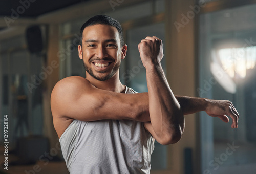 Tableau sur toile Smile, man and stretching with portrait at gym as bodybuilder, strong muscle and exercise