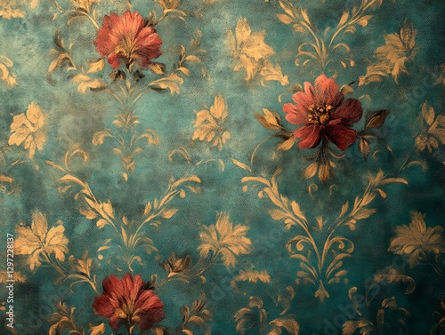 Vintage-style wallpaper with a turquoise textured background featuring large red flowers with golden leaves and swirls. The flowers are symmetrically arranged, creating a repeating pattern.