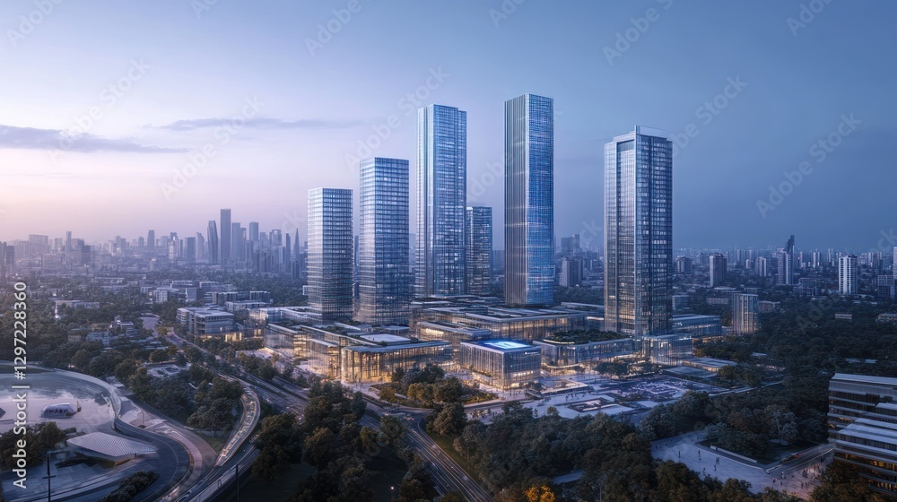Obraz premium Cityscape architectural render of modern skyscrapers
