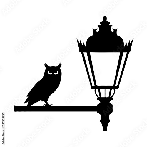 Here's an enriched title that captures all your design elements:

**"Black and White Silhouette of an Owl Perched on a Decorative Ironwork Street Lamp, Featuring Minimalist Graphic Design with Stark C