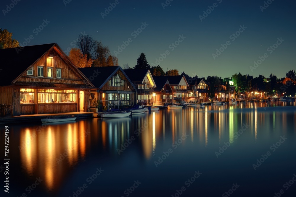 Starlit Boat House Row. Nighttime Serenity on the Waterfront with Illuminated Architecture and Reflective Waters