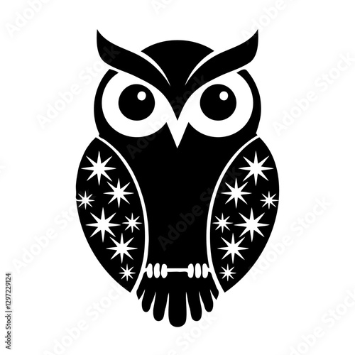 Of course! Here's a longer, richly descriptive title that captures everything you mentioned:

**"Whimsical Stylized Owl Illustration in Black and White Featuring Iconic Silhouette, Large Expressive Ey
