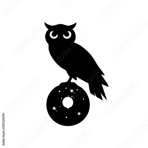 This minimalist black-and-white illustration features a striking silhouette of an owl perched gracefully upon a crescent moon. The owl, a symbol of wisdom and mystery, gazes out into the vast, starry 
