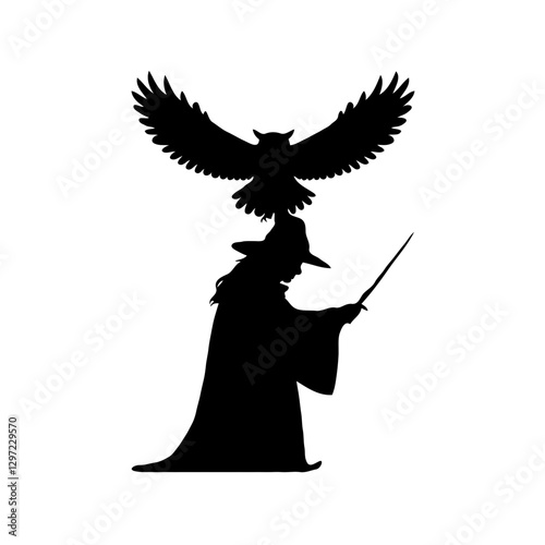 This dramatic black-and-white illustration captures the silhouette of a dark wizard, standing tall in a powerful pose with his majestic eagle familiar soaring above him. The wizard’s outstretched arms