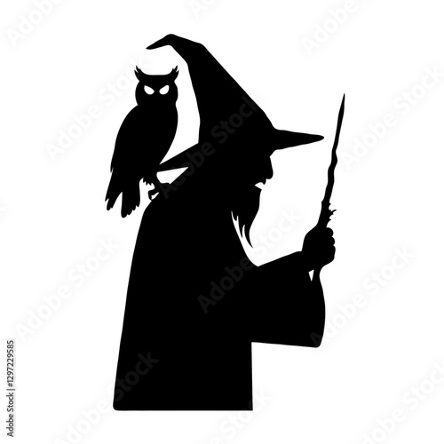 This striking black-and-white illustration features the silhouette of a witch, her pointed hat casting a shadow over her mysterious figure. In one hand, she holds a magic wand, poised for spellcasting