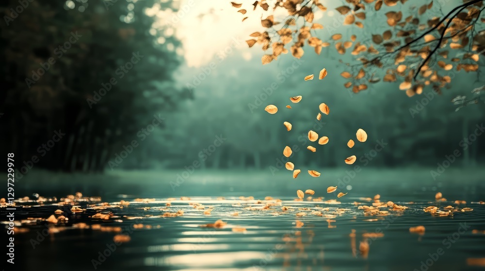 Golden Autumn Leaves Falling on Calm Water. Golden Autumn Leaves Falling on Calm Water.