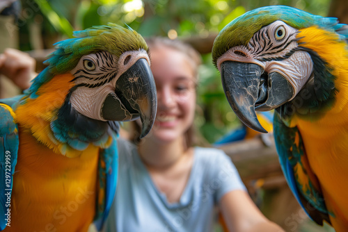 Photo of two blue and yellow macaws with a smiling teenage girl in the background at a zoo during the day.                                                                                              
