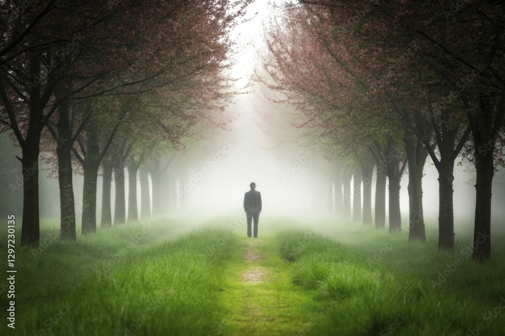 Solitary figure walks down misty path, surrounded by trees in full bloom. Solitary figure walks down misty path, surrounded by trees in full bloom.