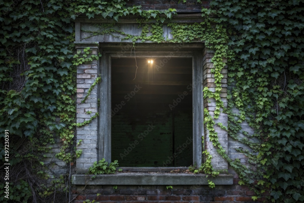 Abandoned building with ivy-covered walls and dimly lit window Abandoned building with ivy-covered walls and dimly lit window