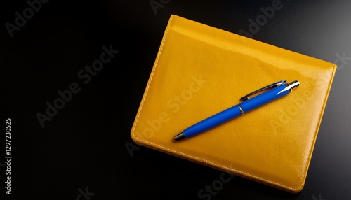 A sleek yellow notebook paired with a blue pen placed on a reflective black surface, showcasing organization and professionalism, isolated on black background.