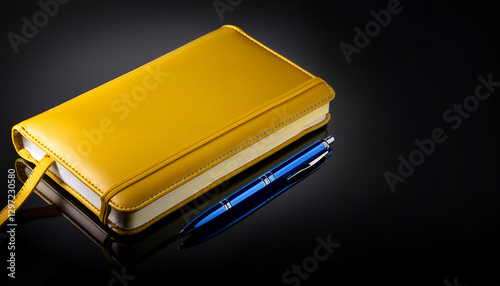 A sleek yellow notebook paired with a blue pen placed on a reflective black surface, showcasing organization and professionalism, isolated on black background.