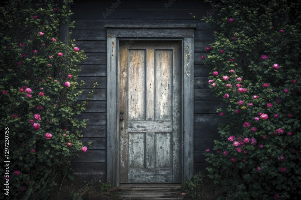 Old wooden door, surrounded by lush pink rose bushes, against dark wall Old wooden door, surrounded by lush pink rose bushes, against dark wall