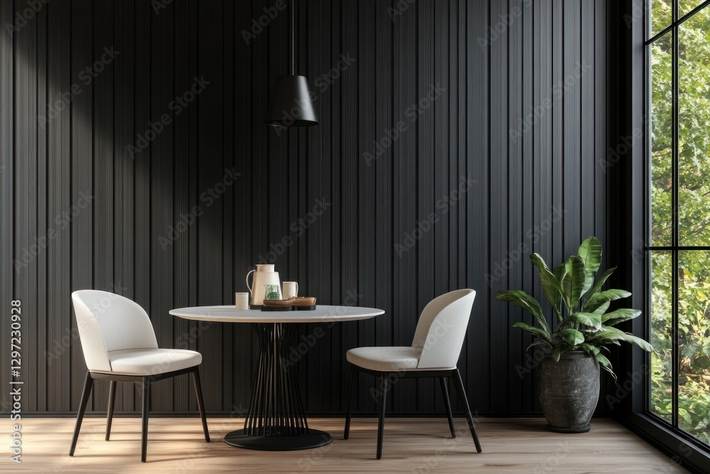 Fototapeta premium Modern dining area with black walls and white chairs
