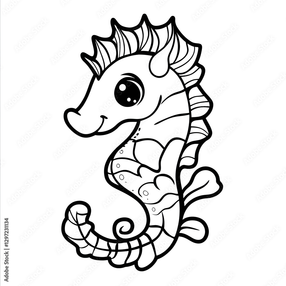 Naklejka premium Black and white line art illustration of a cartoon seahorse with large eyes and a smiling face. The seahorse is oriented vertically on a white background.