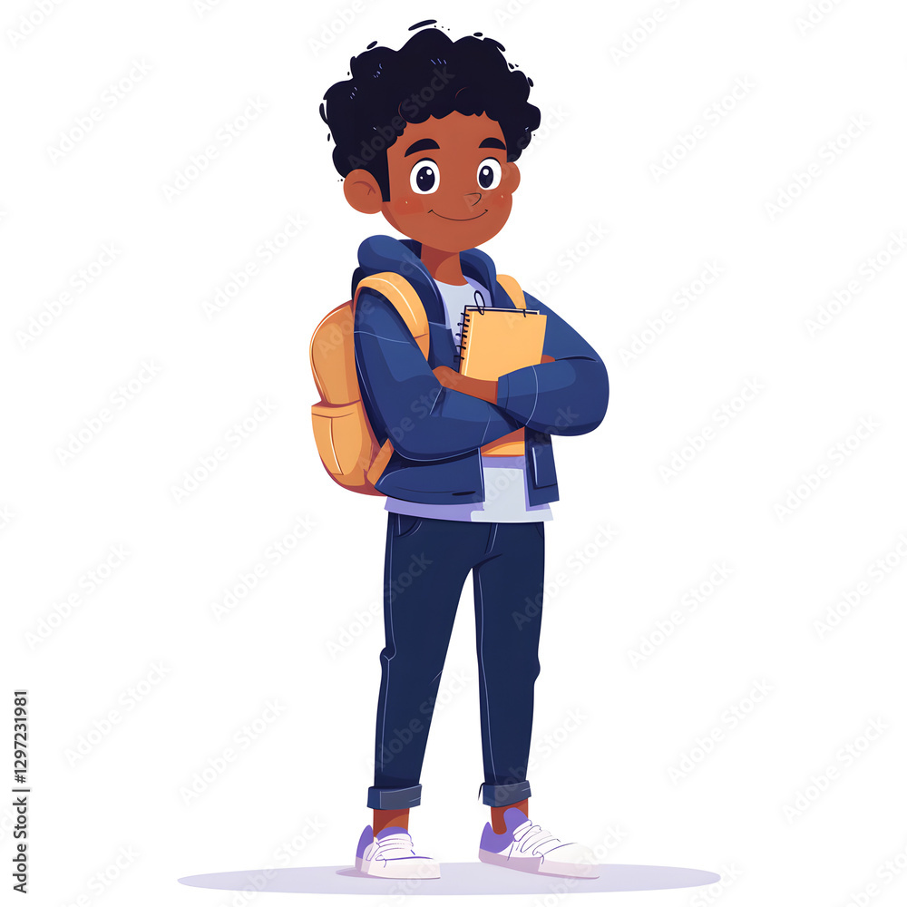 A cartoon illustration depicts a Black boy with curly hair wearing a blue jacket, jeans, and a backpack. He is holding a notebook and standing against a white background. A cartoon illustration depicts a Black boy with curly hair wearing a blue jacket, jeans, and a backpack. He is holding a notebook and standing against a white background.