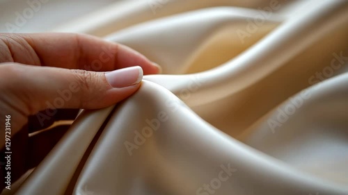 Hand touches soft beige silk fabric