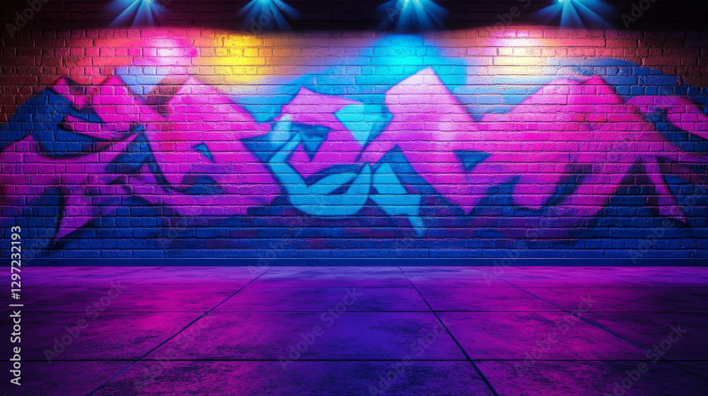 Fototapeta premium Vibrant graffiti on brick wall with urban lighting for modern interior design