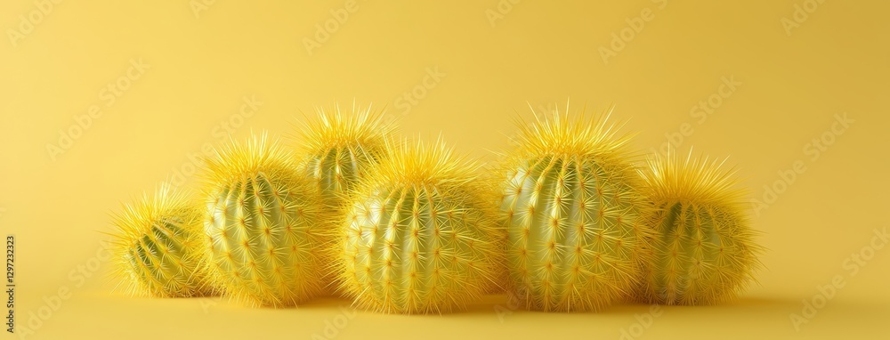Obraz premium yellow composition, group of cactuses against yellow background with sunlight