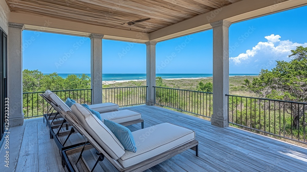 Fototapeta premium Coastal porch with loungers overlooking the beach