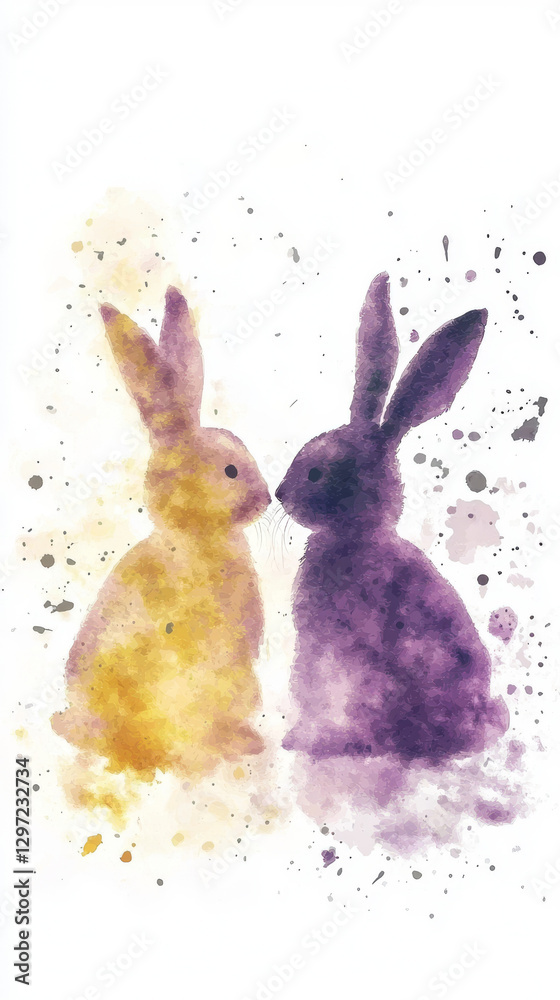 Obraz premium Colorful abstract watercolor illustration of easter bunnies in pastel hues. concept of holiday charm, spring festivities, artistic expression, easter celebration. Vertical