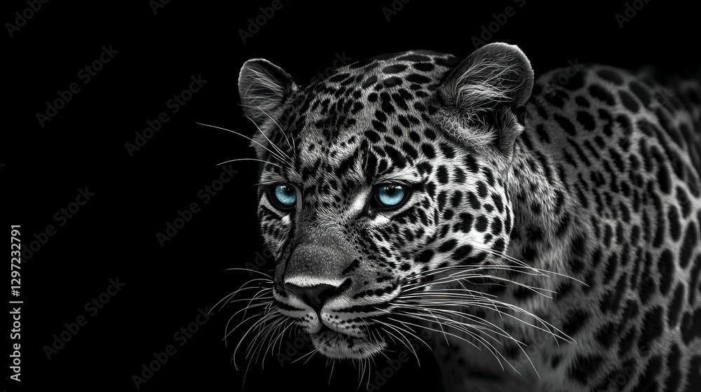 Obraz premium Intense gaze of a powerful leopard in dramatic portrait on black background