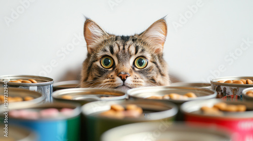 Curious cat staring at camera among open cat food tins. concept of feline curiosity, pet food variety, animal curiosity, domestic cats