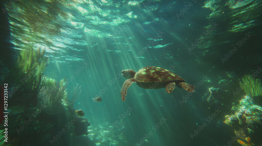 Fototapeta premium Tranquil underwater scene with turtle and coral reefs