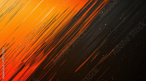 Dynamic abstract backdrop featuring striking lines and light specks moving across an orange to dark gradient canvas. A visually engaging design element.